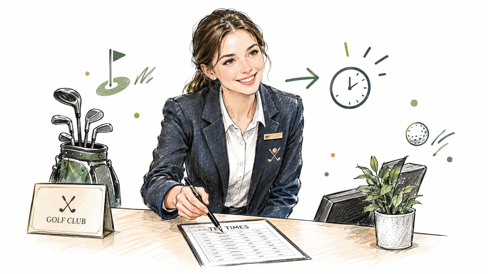 A professional receptionist smiling while working at a golf club front desk check in station.