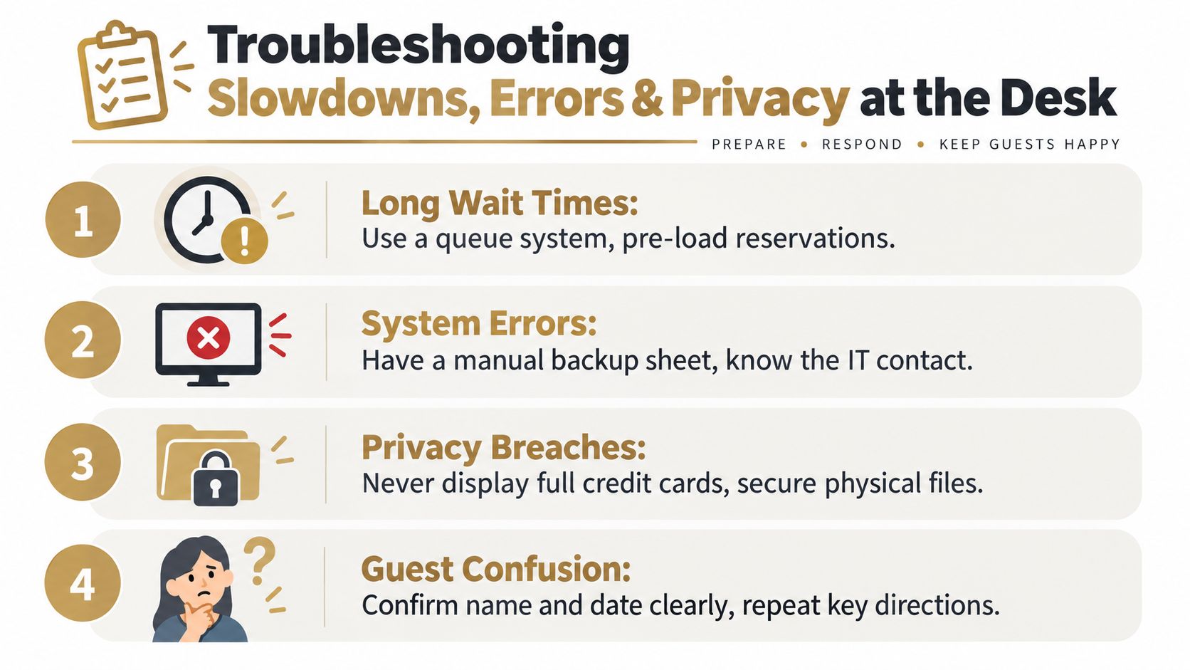 An infographic titled Troubleshooting Slowdowns, Errors & Privacy at the Desk providing tips for hotel front desk staff.
