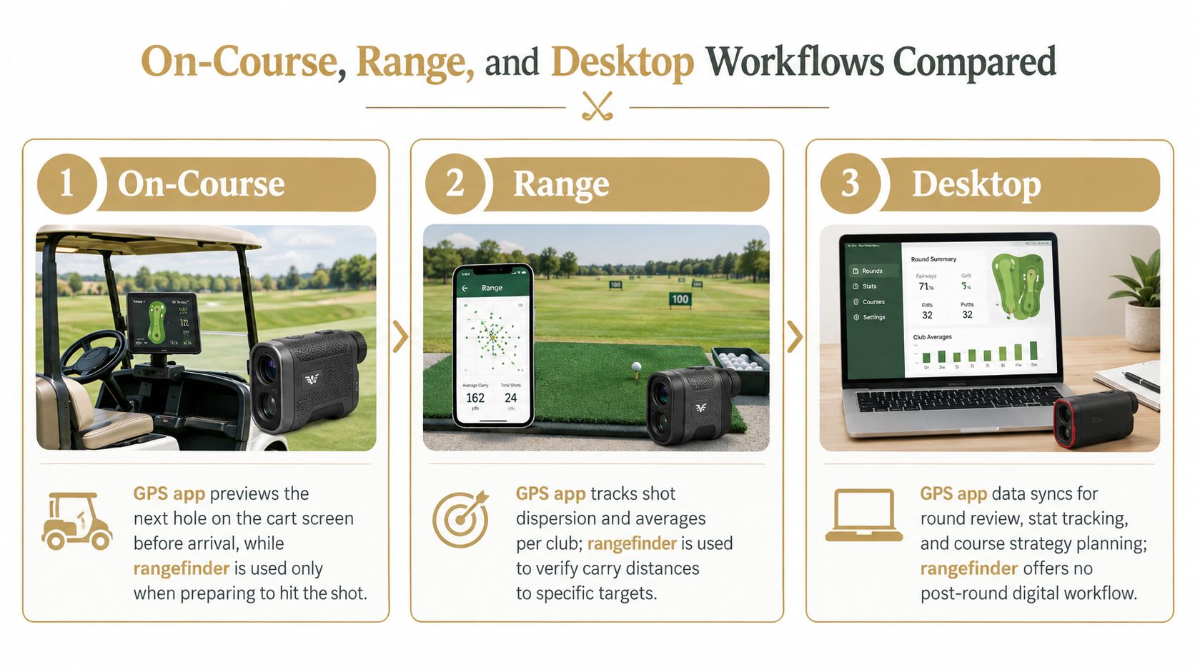 A comparison chart showing golf GPS app and rangefinder workflows for on-course, range, and desktop environments.