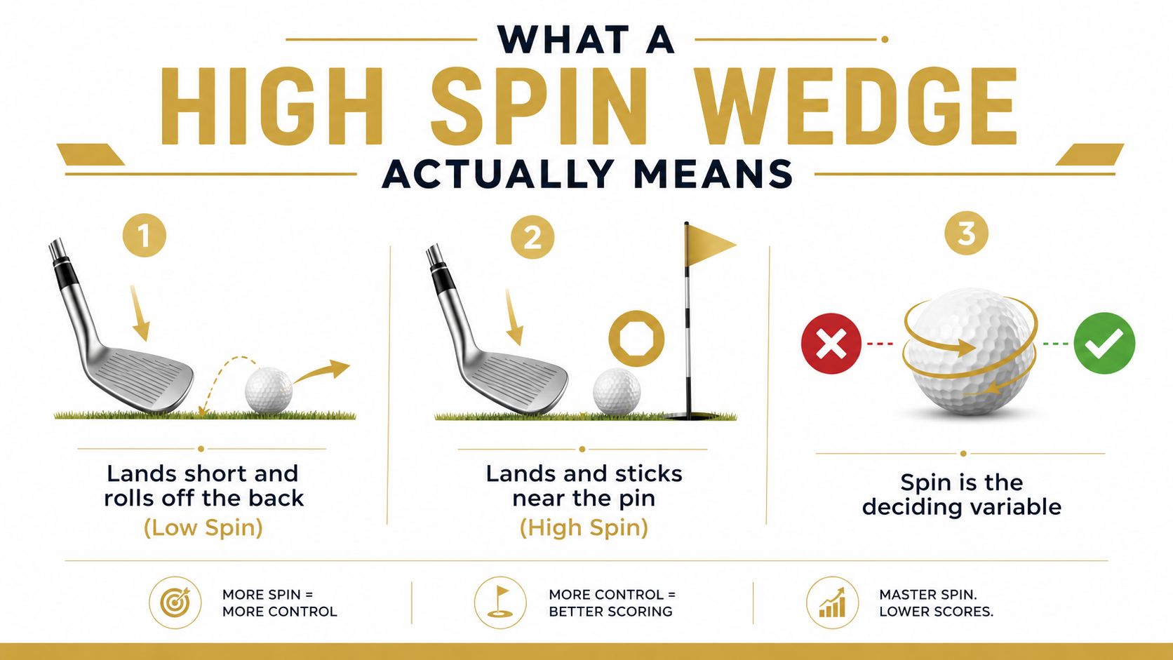 An infographic showing how high spin wedges help golfers land and stick the ball near the pin.