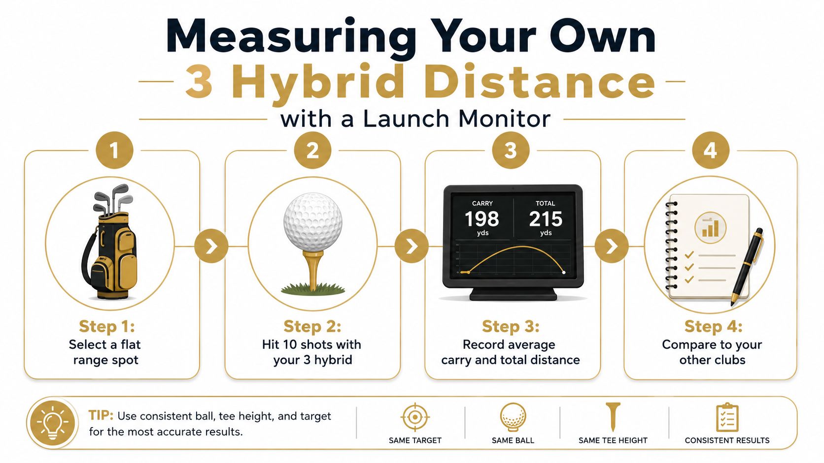 An infographic showing four simple steps to measure 3 hybrid golf club distance using a launch monitor.