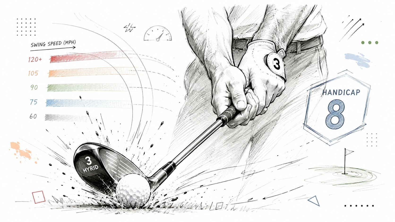 A detailed sketch of a golfer swinging a 3-hybrid club with swing speed metrics and handicap indicator.
