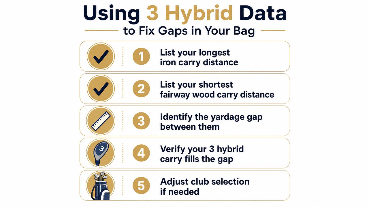 A five-step guide on how to use a 3 hybrid club to fix yardage gaps in golf.