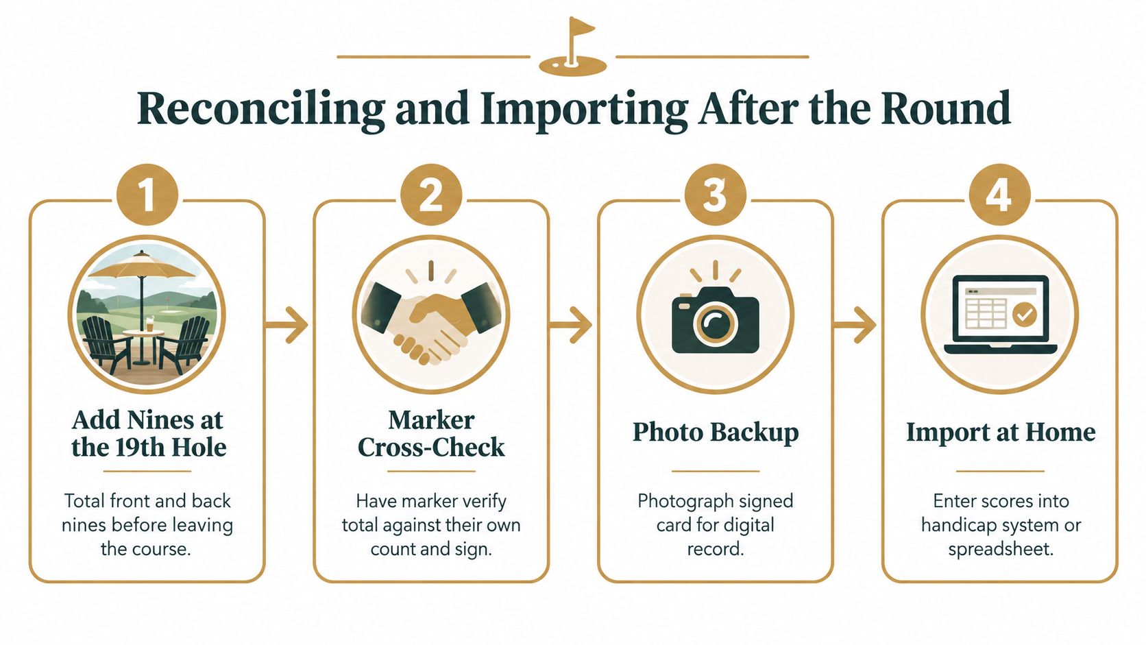 A four-step infographic illustrating the process of reconciling and importing golf scores after a round.