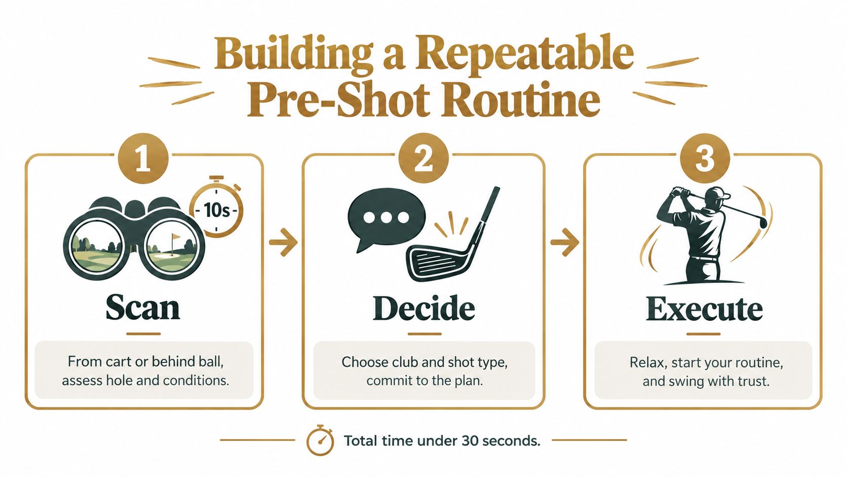A diagram illustrating a three-step golf pre-shot routine consisting of scanning, deciding, and executing a swing.