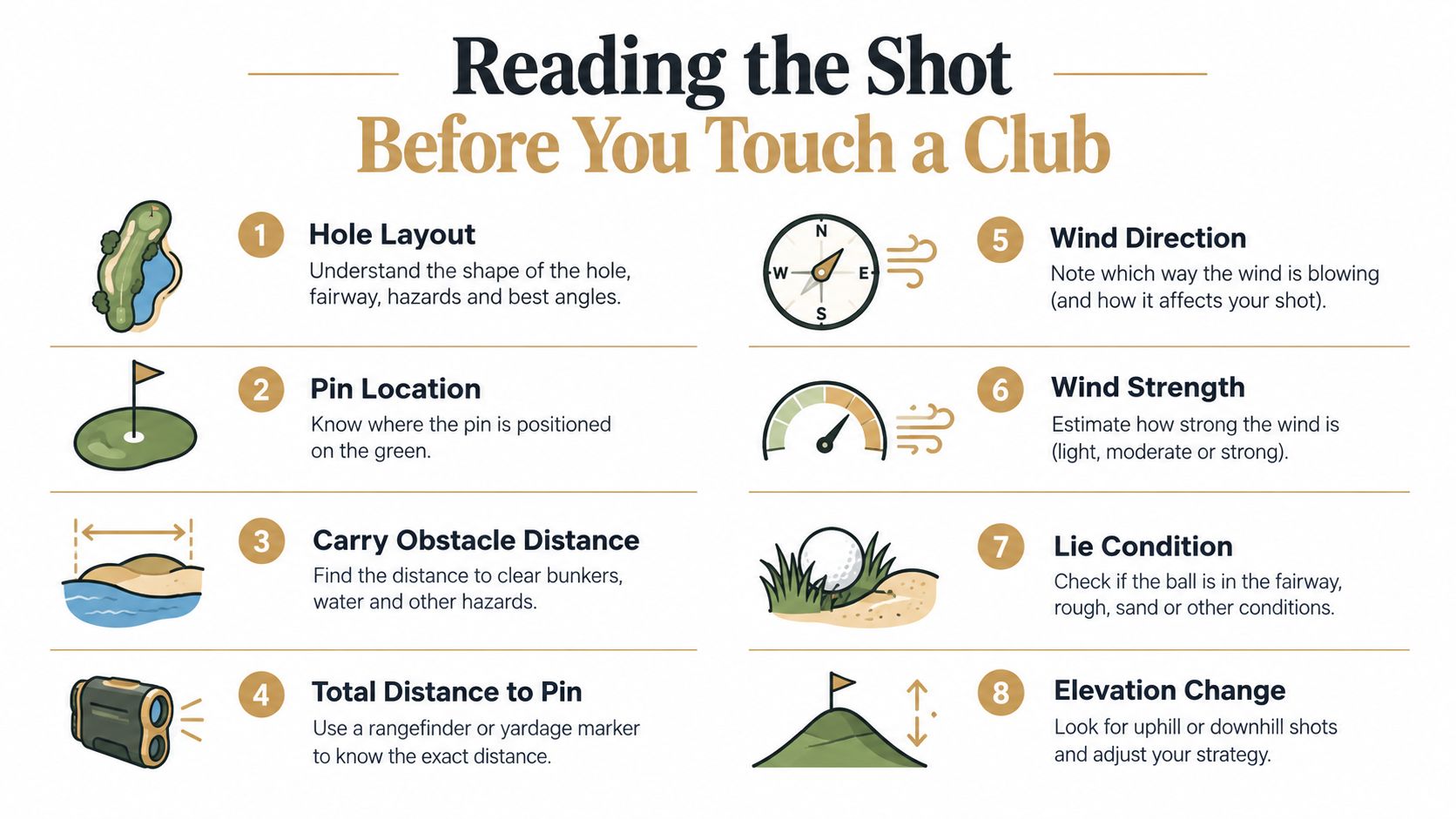 An infographic titled Reading the Shot Before You Touch a Club, listing eight essential golf course assessments.