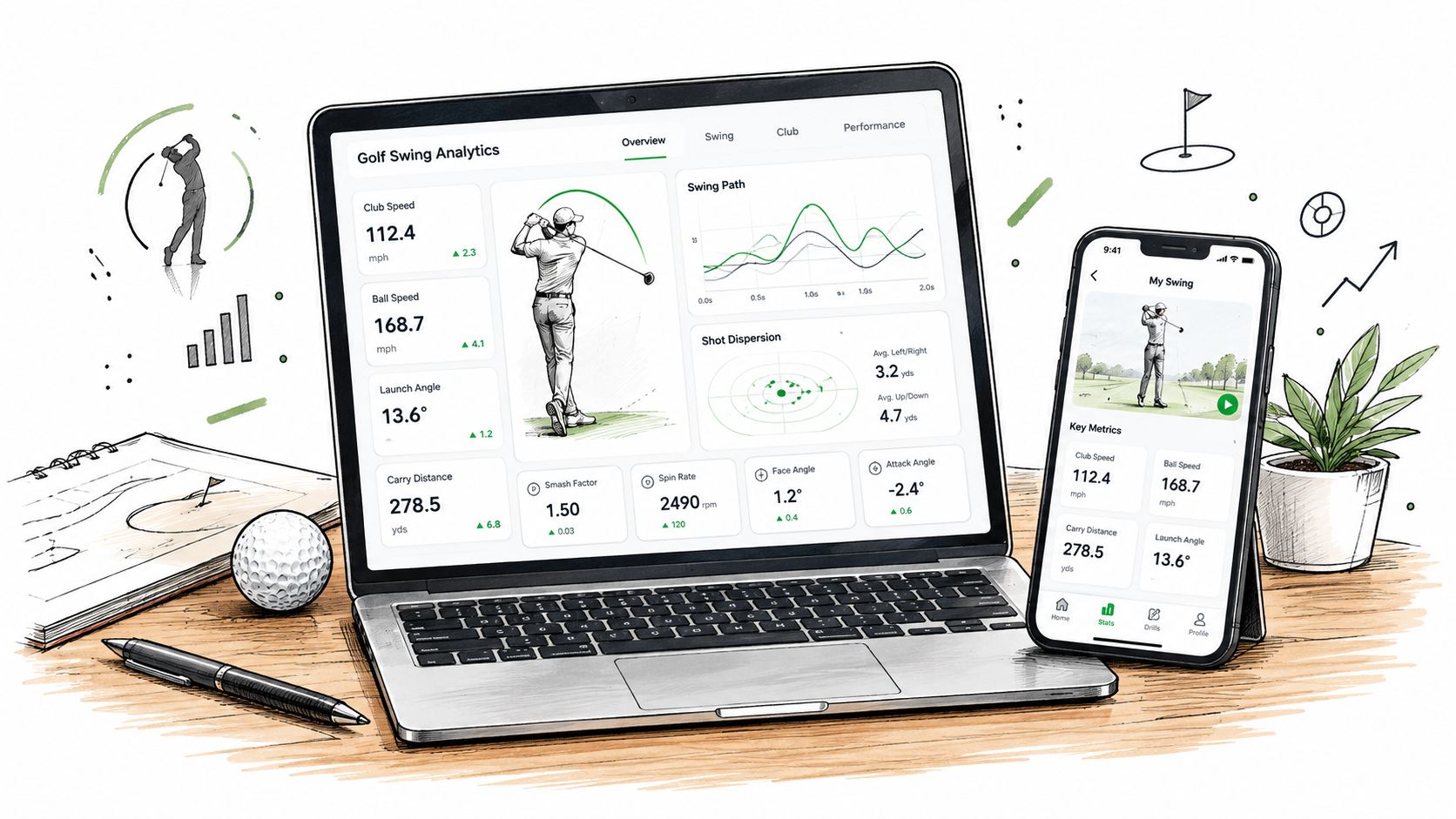 A laptop and smartphone displaying golf swing analytics software on a desk next to a golf ball.