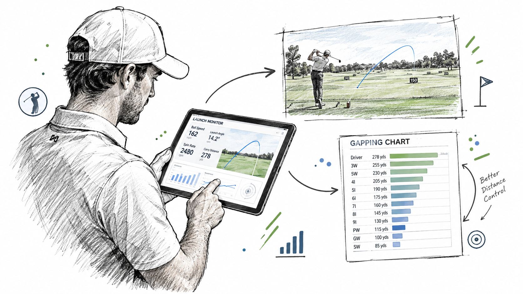 A golfer using a digital launch monitor tablet to analyze performance data and improve distance control