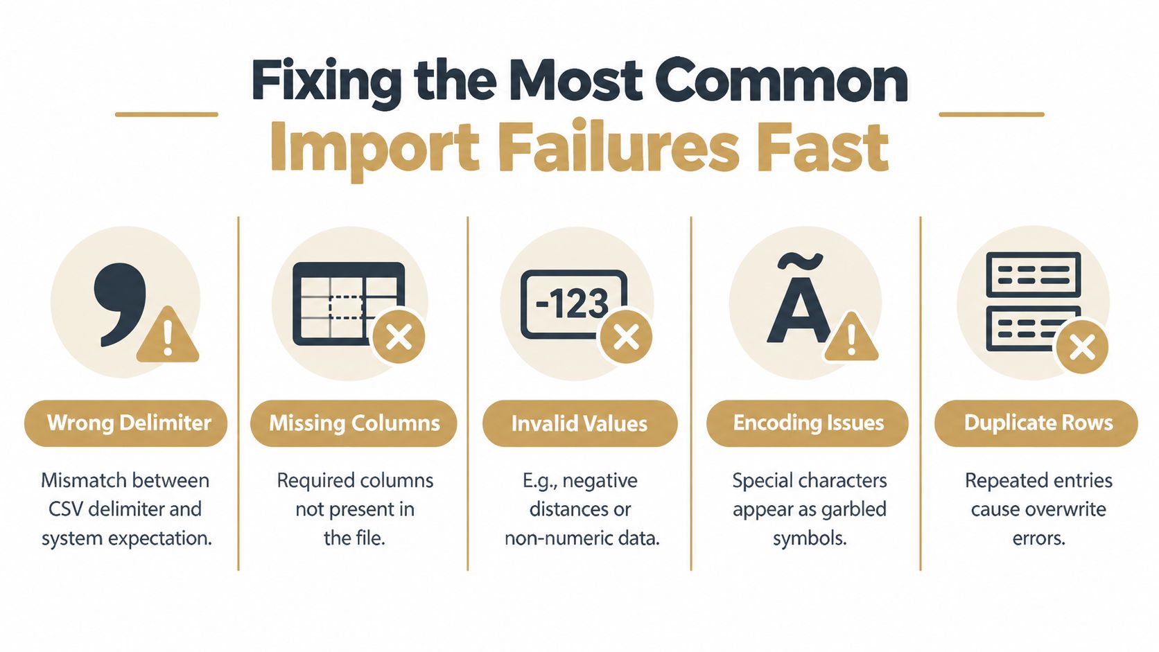 An infographic titled Fixing the Most Common Import Failures Fast outlining errors like delimiters and duplicates.