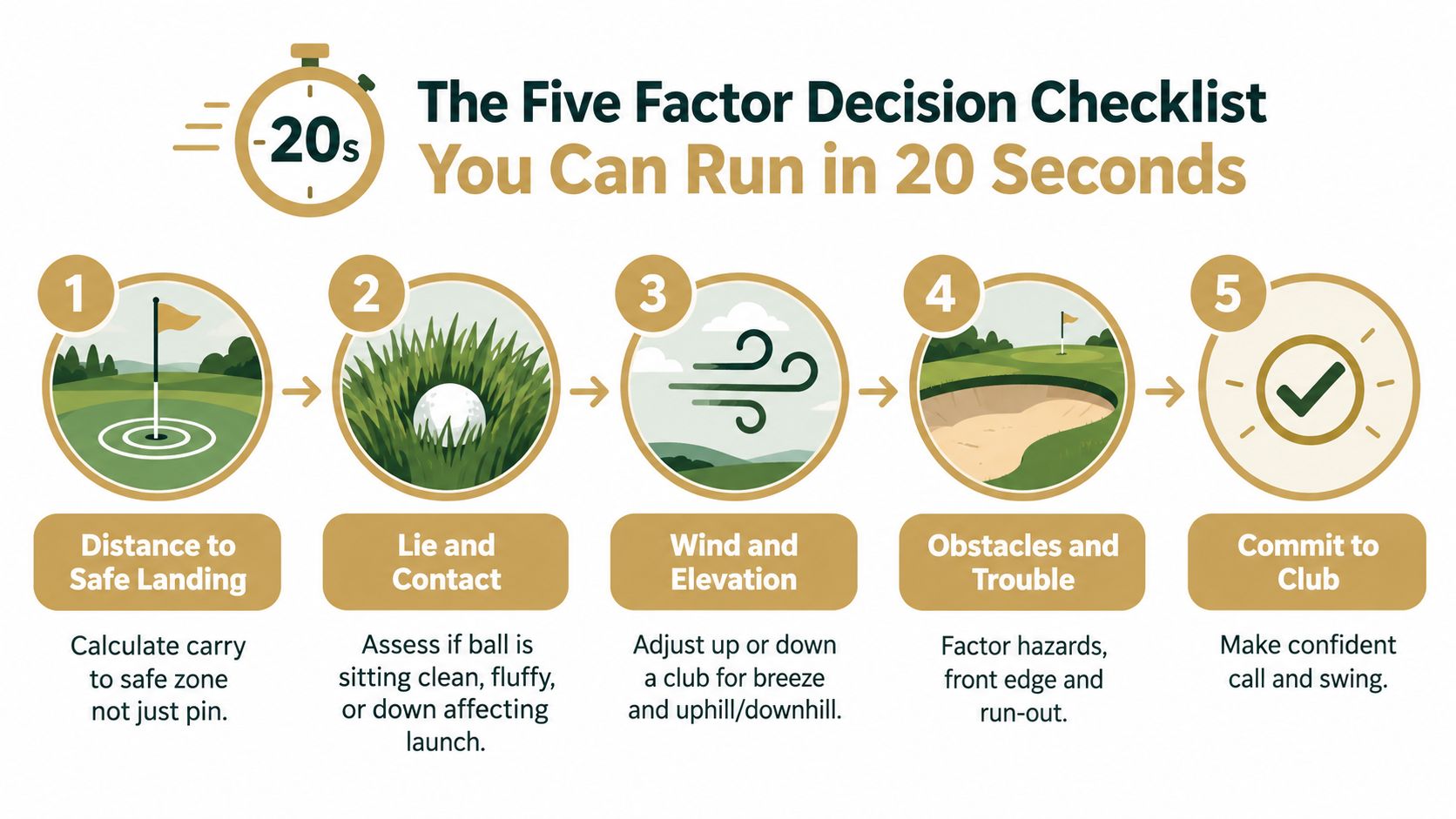 A five-step golf decision checklist infographic illustrating the process to select the right club on course.