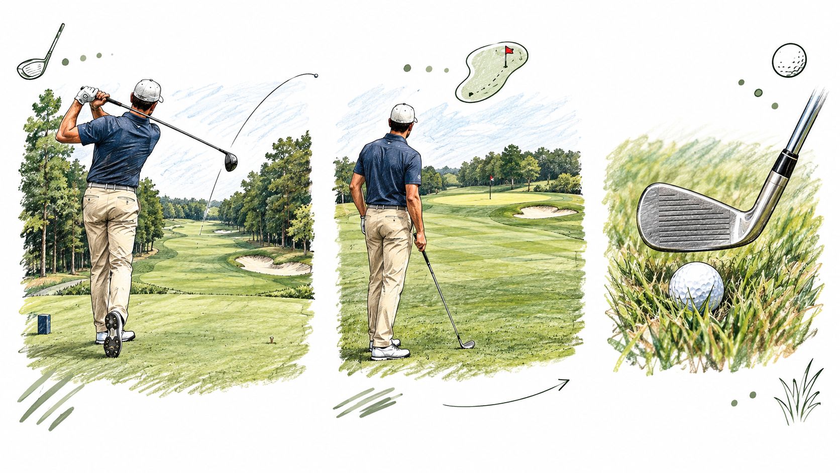 A professional golfer practicing his swing, selecting clubs, and preparing to hit a golf ball on the course.