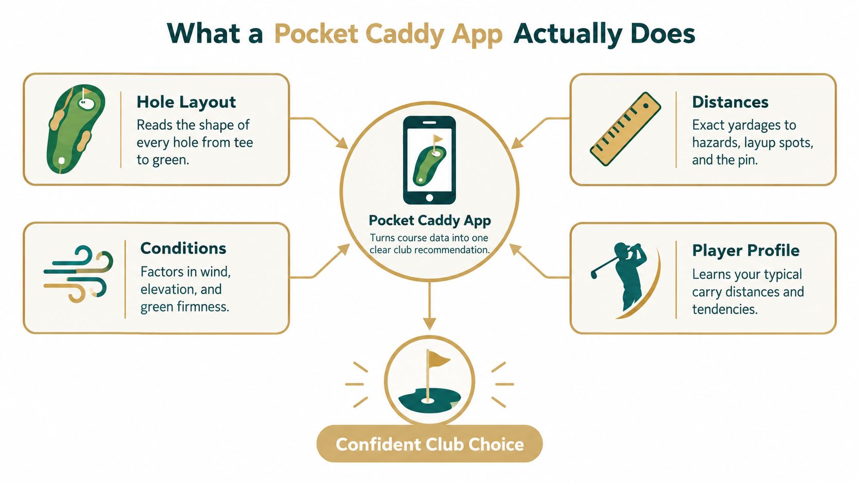 A diagram explaining how a Pocket Caddy golf app uses data to provide confident club recommendations.