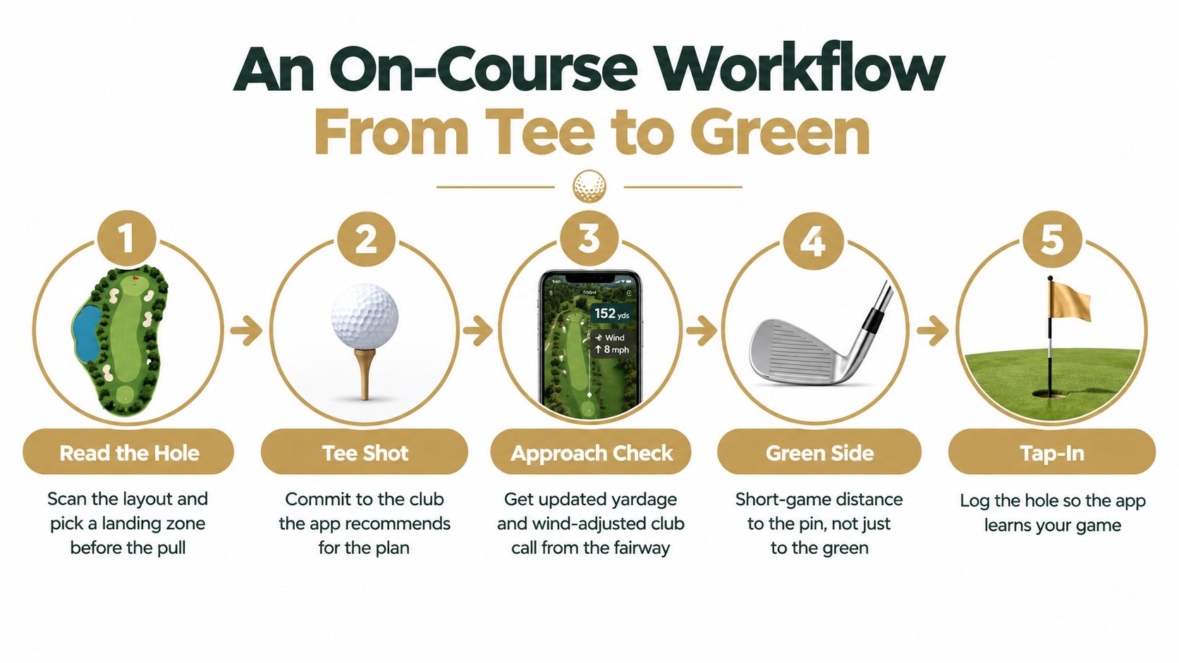 A five-step infographic showing an on-course golf workflow from reading the hole to the final tap-in.