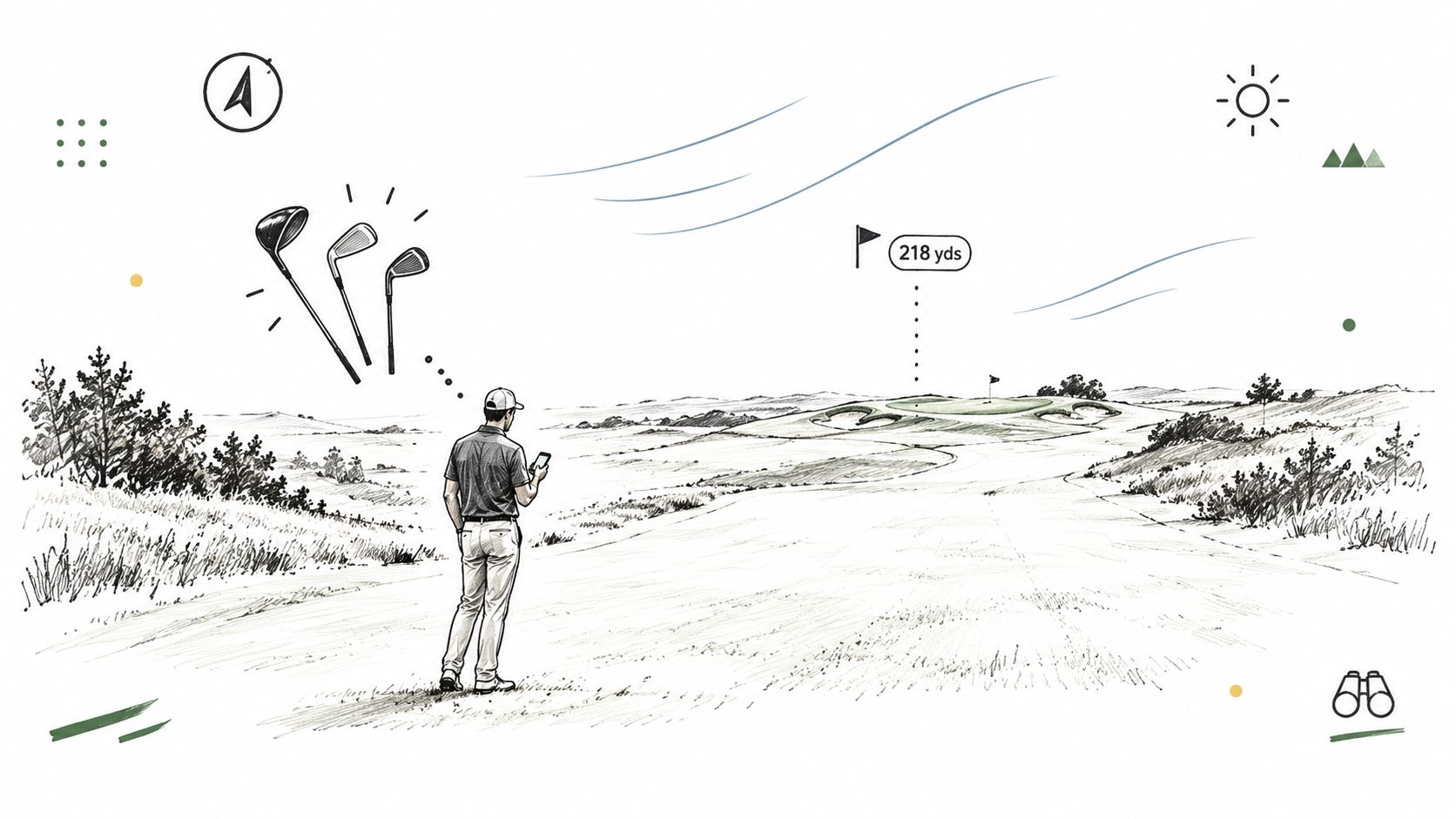 A golfer stands on a fairway checking a mobile app while choosing a golf club for the shot.