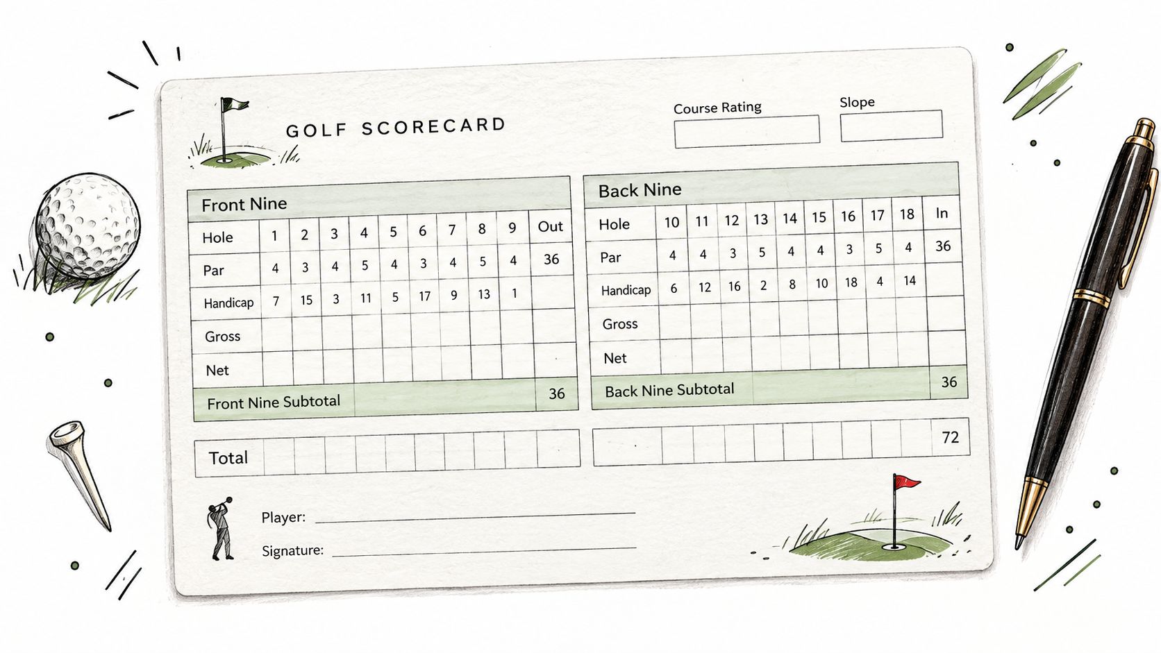 A blank golf scorecard template with spaces for individual hole scores, par, handicap, and player details.