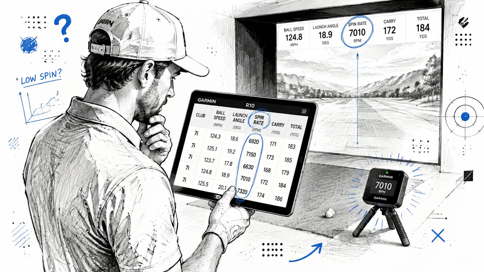 A golfer examining his golf swing metrics on a tablet with Garmin launch monitor data displayed.