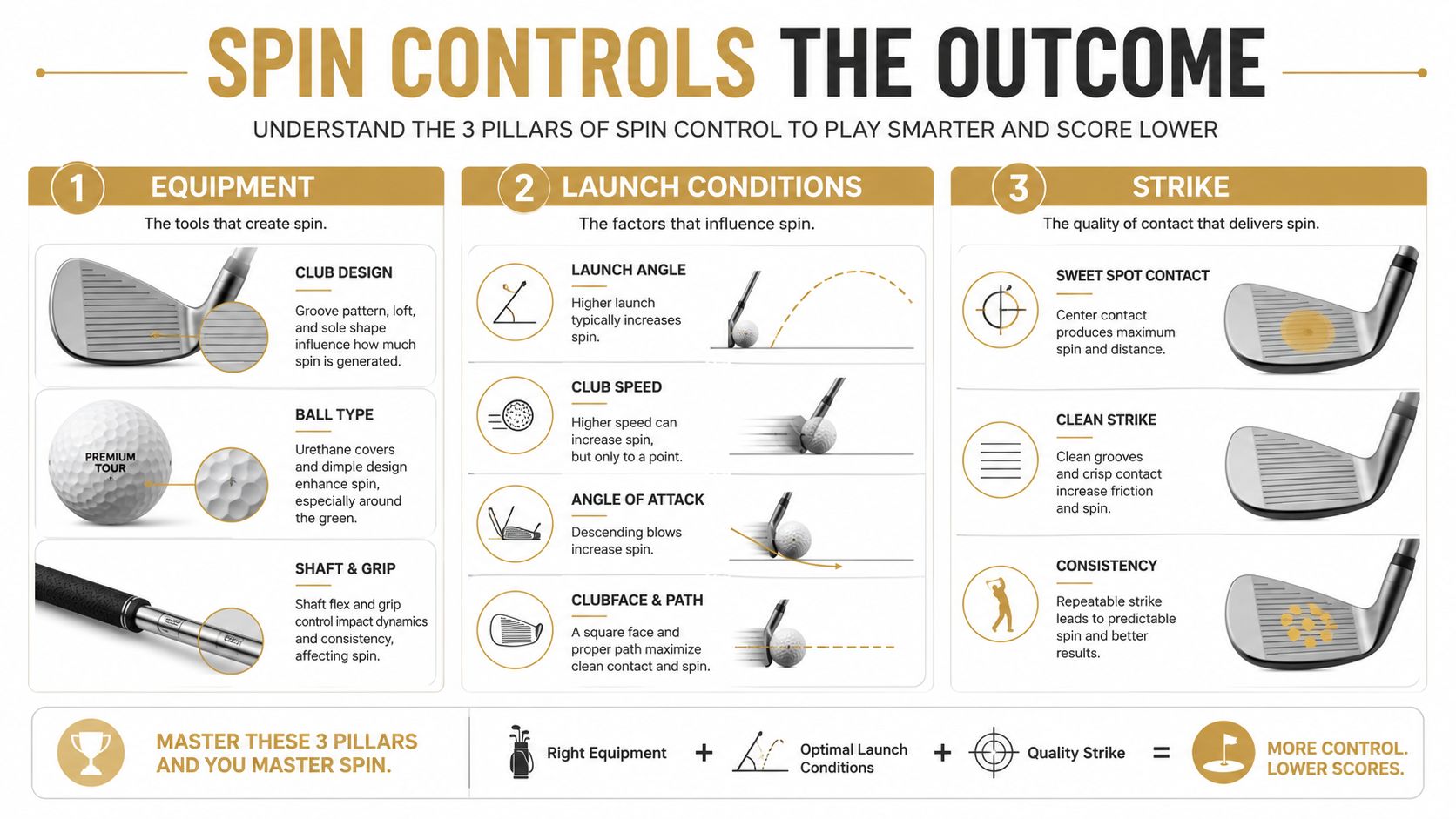 An infographic detailing the three pillars of golf spin control: equipment, launch conditions, and strike quality.