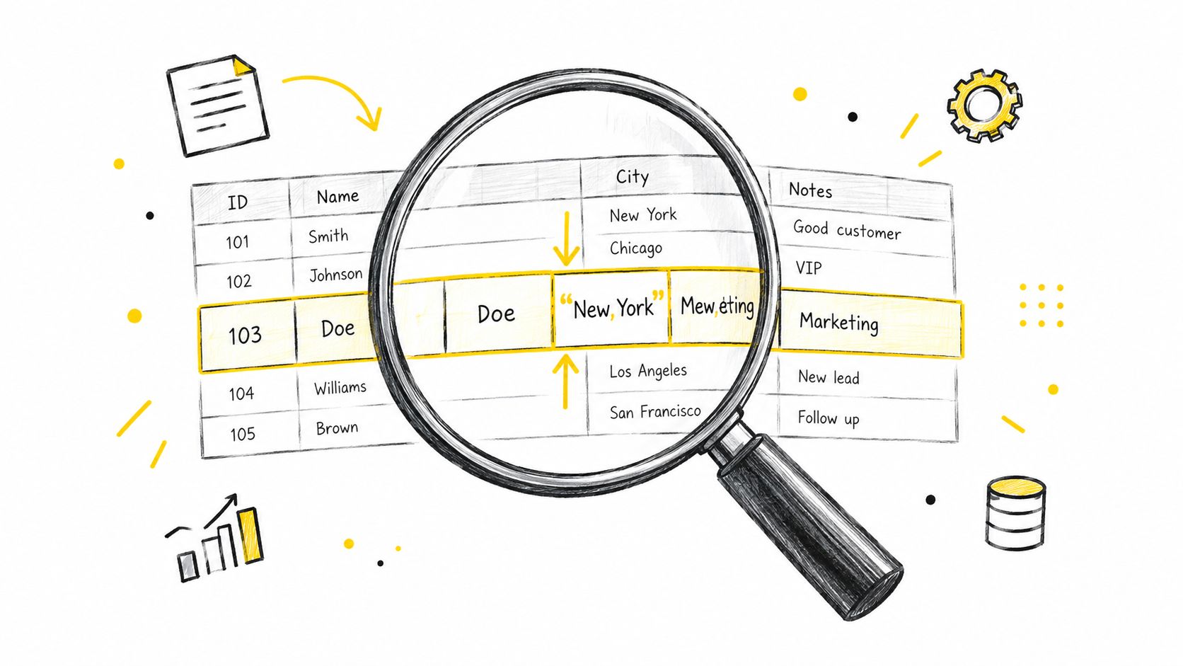 A magnifying glass inspecting data inside a CSV file format table with highlighted rows and columns.