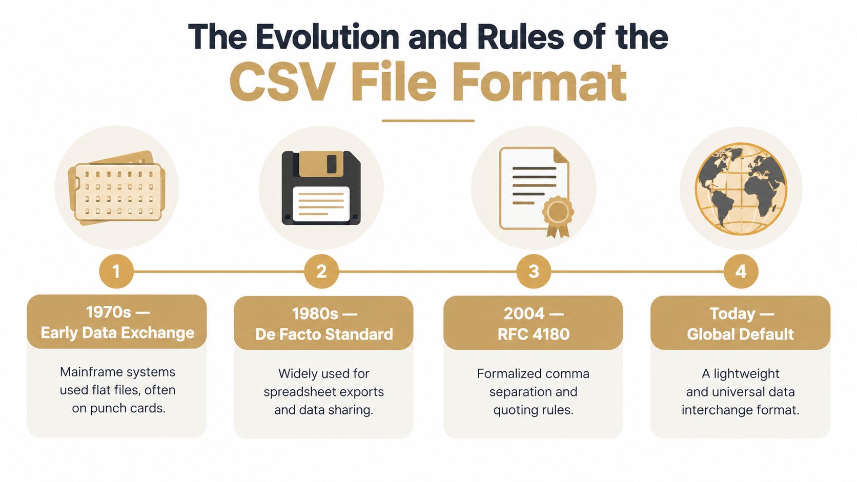 A timeline graphic showing the evolution of the CSV file format from the 1970s to the present day.