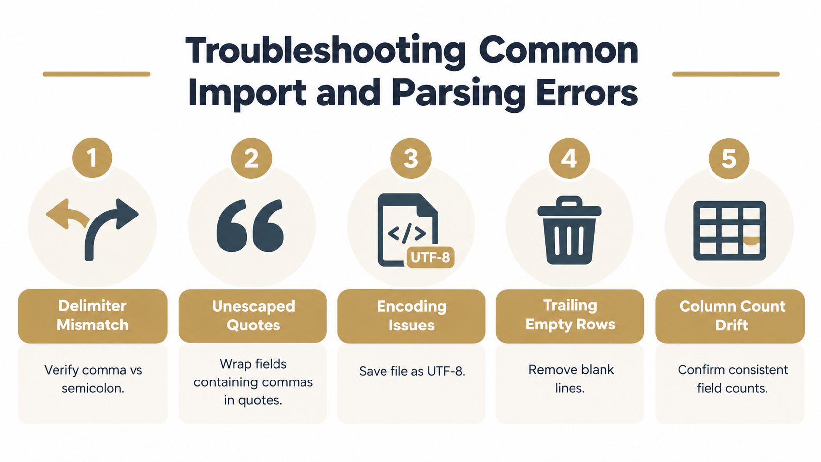 An infographic titled Troubleshooting Common Import and Parsing Errors, outlining five key solutions for CSV file issues.