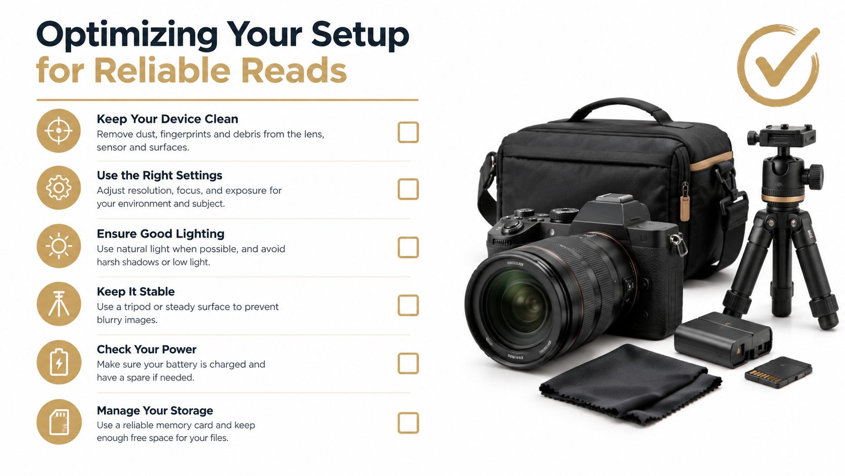 A checklist for optimizing camera setup including cleaning, settings, lighting, stability, power, and storage management tips.