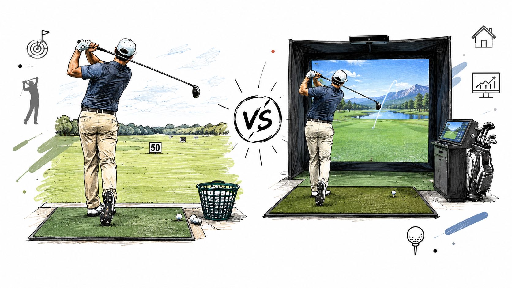 A split illustration comparing traditional outdoor golf driving range practice with indoor golf simulator technology training.