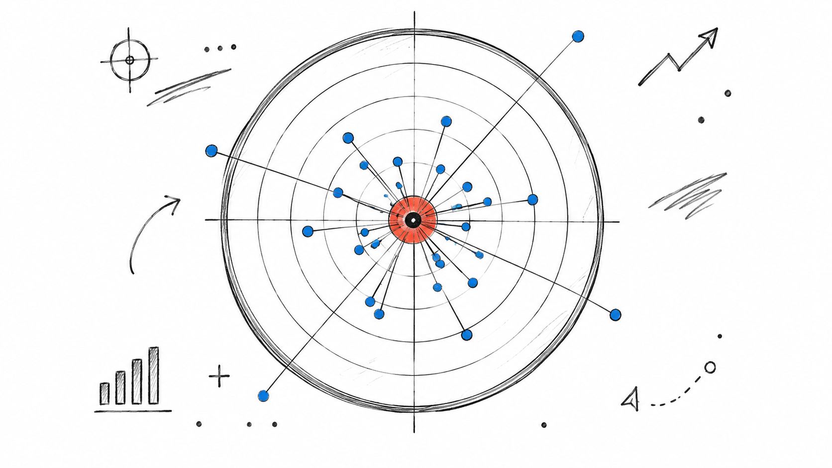 A hand-drawn illustration of a target diagram showing data points scattered around a central red bulls-eye.