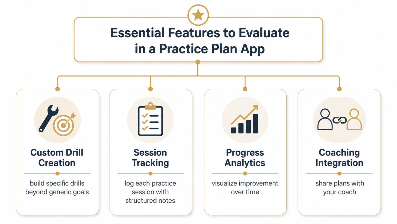 A chart highlighting four essential features to evaluate when selecting a digital practice plan app for training.
