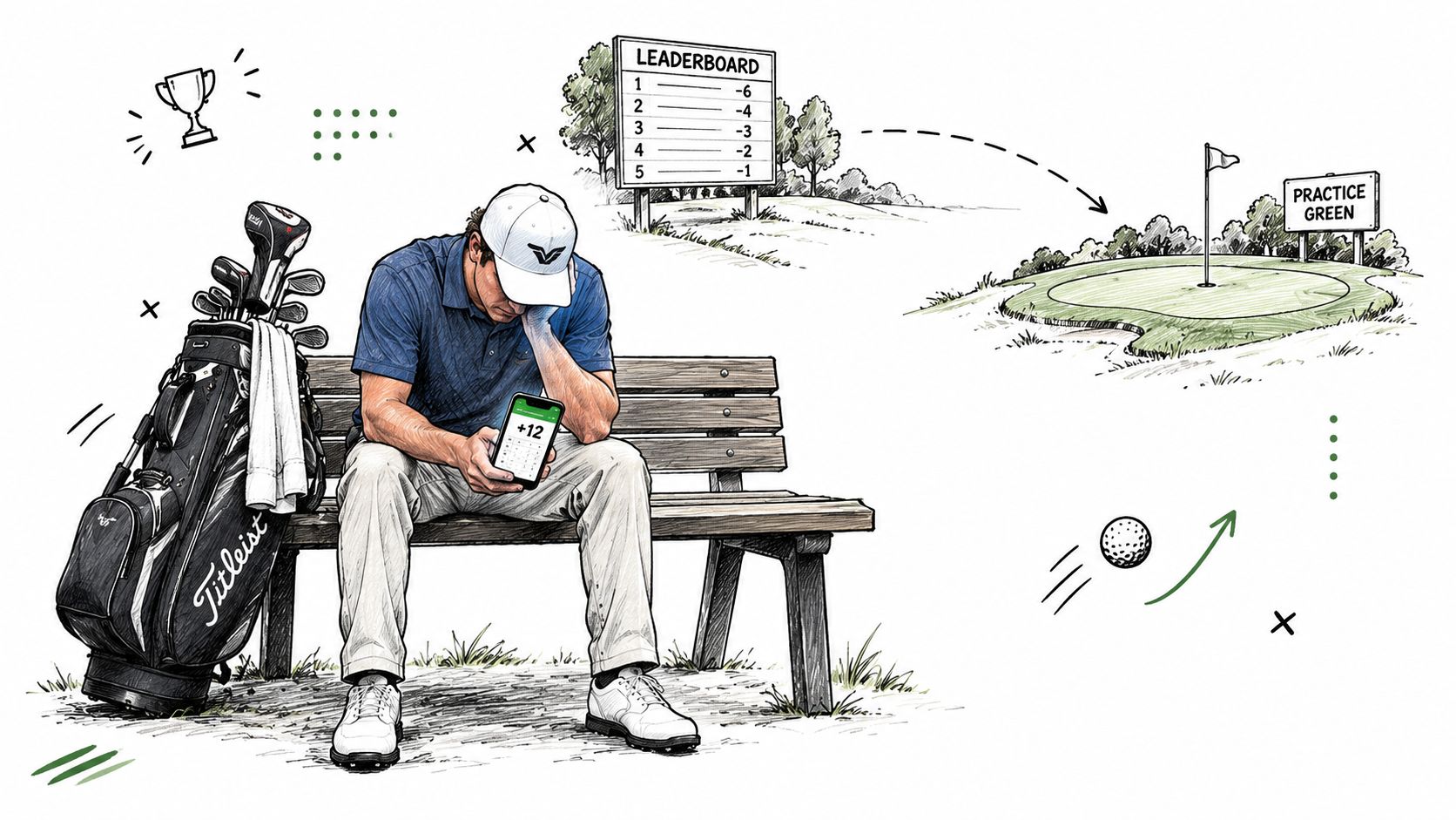 A frustrated golfer sits on a bench looking at his poor score on a mobile app.
