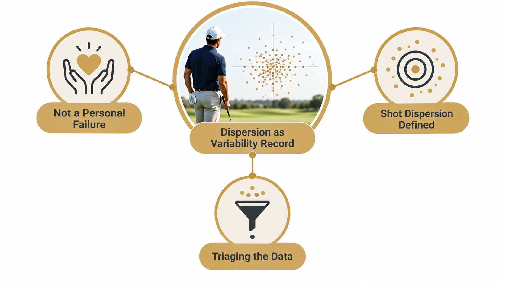 A diagram illustrating golf shot dispersion analysis as a tool for improvement rather than personal failure.